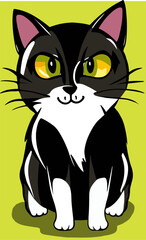 Vector illustration of funny cute cartoon black and white cat with green eyes