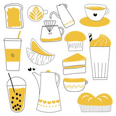 Hand drawn coffee time collection in yellow tone on white background. Vector illustration in doodle art style