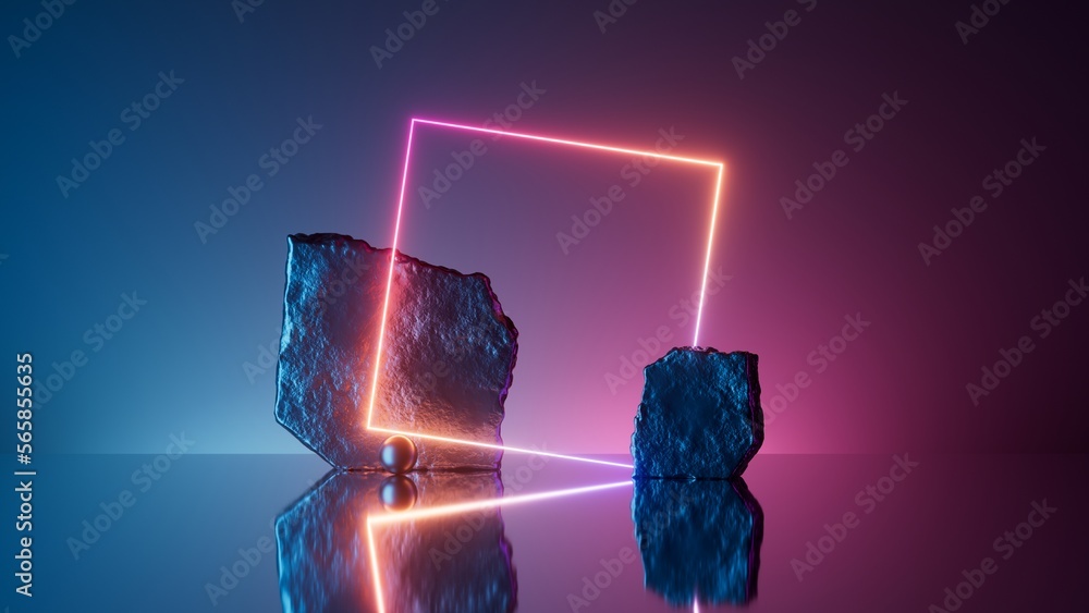 Poster 3d render, abstract minimalist neon background with cobble stone rocks, glowing square frame and mir