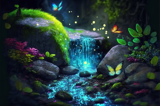 Fairy forest at night, fantasy glowing flowers and lights. Generative AI