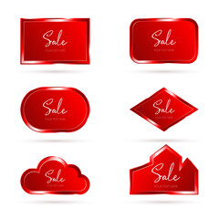 Red glittery luxury shimmering banner DISCOUNT SALE in different shape. Set SALE icons