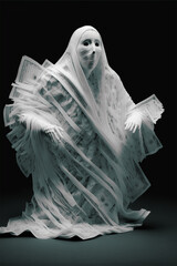 Spooky white ghost made of bills. White ghost with white skull made of pieces of paper.