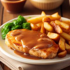 fried chicken fillet with brown sauce