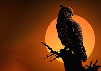 Fototapeta na wymiar A silhouette of an owl sitting on a branch against sunset light generative ai