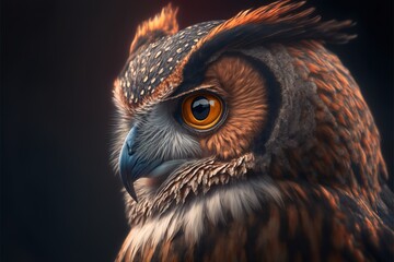 A close-up zoomed off a Beautiful owl head face portrait with a blurred forest background generative ai