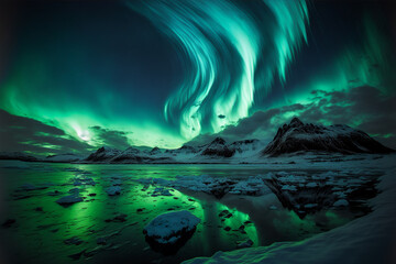 Fototapeta na wymiar stunning aurora borealis in norway winter night sky, reflected on water, generative ai