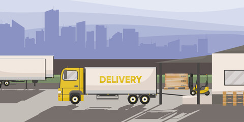 Warehouse storage cargo in process. Forklift load goods in cardboard boxes at pallet to logistics lorry truck into delivery. Outdoor storehouse building in cityscape on background. Vector illustration