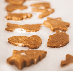 Close up of Christmas pastries,  gingerbread cookies, ready to eat traditional Xmas and New Year pastry on white paper.