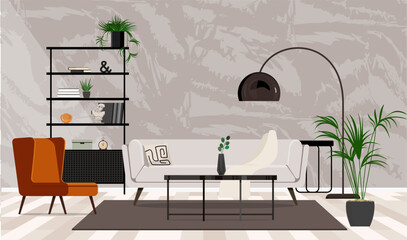 Illustration stylish composition at living room interior with gray sofa, armchair, coffee table, lamp.  © marinadreams