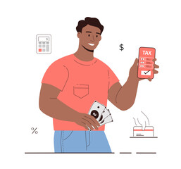 Paying tax online. Man paying tax via smartphone. Electronic wallet, online transfers and transactions. Online application for payment taxes, checking debts, submitting electronic reports. 