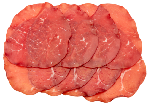 Bresaola slices, italian dried beef salami from Valtellina, cut out,  top view, 