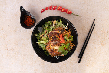 rice, salad with chicken