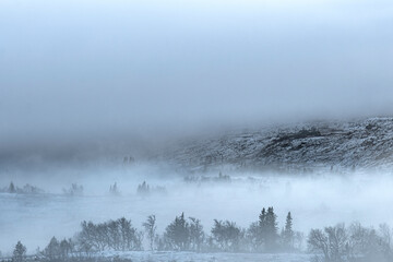 Obraz na płótnie Canvas misty mountainside morning