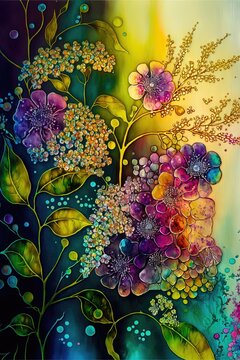 Une fusion fleurs et feuilles entre pointillisme et encre &agrave; alcool. Ambiance vibrante et lumineuse. Id&eacute;al comme fond d'&eacute;cran.