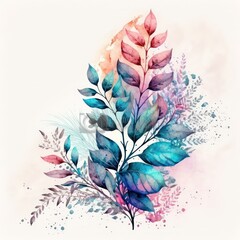 Blue and pink pastel foliage watercolor illustration isolated on white background. Generative AI.