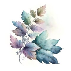 Watercolor foliage with blue and violet purple colour illustration isolated on white background. Generative AI.