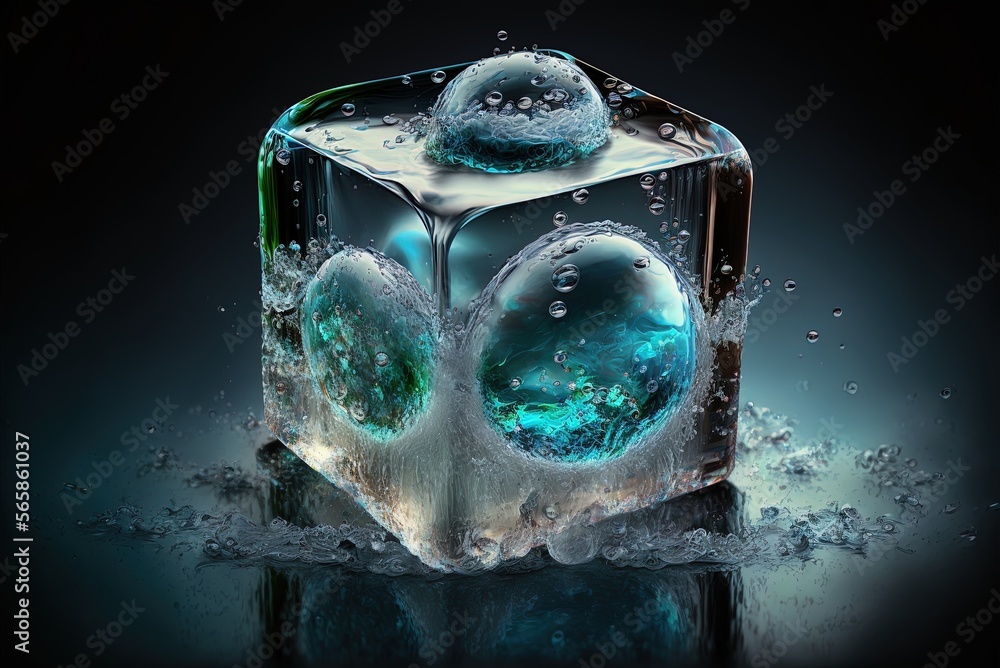 Poster cubed ice with a few droplets of water generative ai