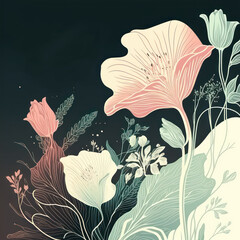 Flowers pastel pink and blue colour drawing in flat line art style. Generative AI.