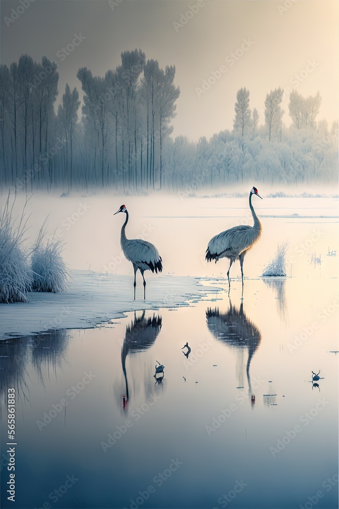 Wall mural winter lake two red crowned cranes facing the sunset Generative AI