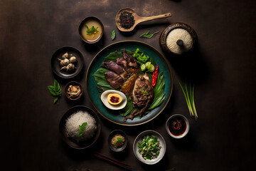 top view of fresh and delicious chinese food on a dark background