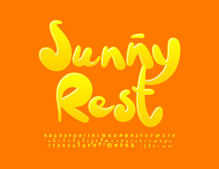 Vector yellow Sign Sunny Rest. Glossy handwritten Font. Creative Alphabet Letters and Numbers set