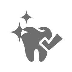 Shiny tooth with checkmark dental icon. Teeth therapy or whitening vector symbol.