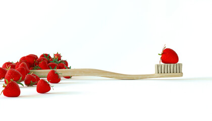 Creative concept of fruit toothpaste with natural ingredients. Strawberry toothpaste, berries. Wooden bristle brush isolated on a white background. 3d render illustration. - obrazy, fototapety, plakaty