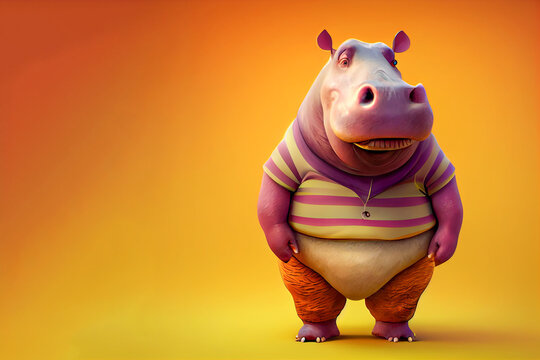 cartoon style hippo with human clothing, generative AI.
