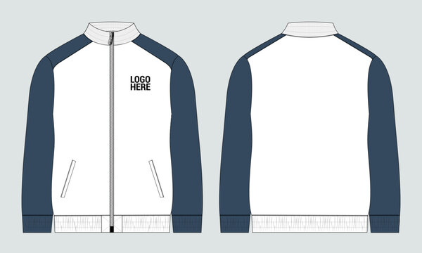Two tone color Long sleeve zipper with pocket tracksuits jacket sweatshirt technical fashion flat sketch vector illustration template front and back view. 