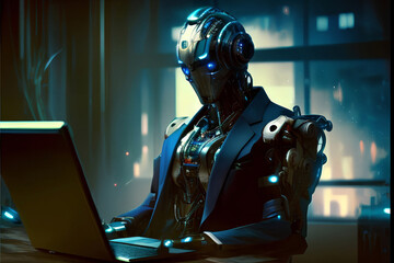 An anthropomorphic robot in office suit with laptop at the workplace