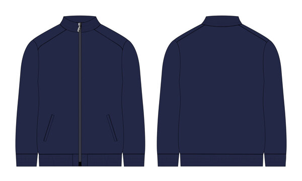 Long sleeve zipper with pocket tracksuits jacket sweatshirt technical fashion flat sketch vector illustration navy color  template front and back view. 