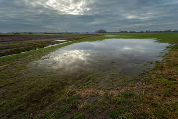 Water on farmland and cloudy sky in eastern Poland