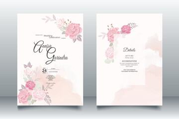Naklejka na ściany i meble romantic pink flower Wedding invitation card template set with beautiful floral leaves Premium Vector
