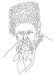 Taras Shevchenko ukrainian writer, artist and poet in a fur hat and coat.  Continuous one line minimalistic art technique