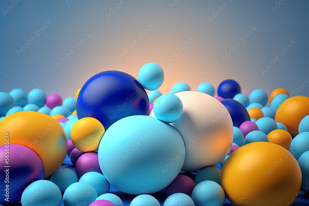 Poster abstract closeup image of a bunch of multicolored balls on a blue backdrop generative ai
