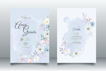 Beautiful blue floral frame wedding invitation card template Premium Vector
