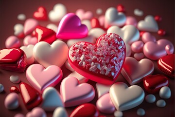Fototapeta premium Valentines day red heart-shaped candies, sweets, 