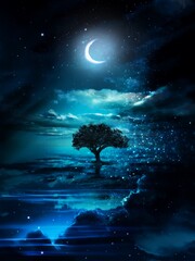 The silhouette of a tree towering in the middle of a mysterious landscape where the beautiful night sky is reflected on the surface of the sea
