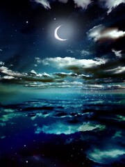 Naklejka na ściany i meble Landscape of beautiful night sky with crescent moon reflecting in the sea