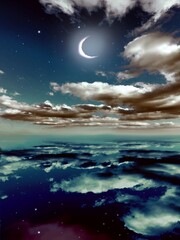 Landscape of beautiful night sky with crescent moon reflecting in the sea