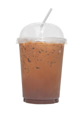 Iced coffee on plastic tall cup straws isolated cutout PNG. clipping path included for design. Traditional Thai style original in glass sweet taste.  Street food, popular in Thailand. Antique coffee