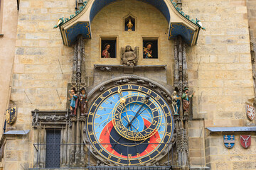 Prague astronomical clock close-up. The main attraction of the capital of the Czech Republic. Background