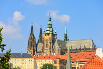 View of the Gothic Catholic Cathedral of St. Vitus, Wenceslas and Vojtech in Prague Castle. Background
