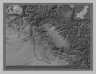 Azad Kashmir, Pakistan. Grayscale. Labelled points of cities