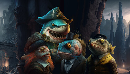 Lost city, pirats, shark, fish, digital art, Generative AI Art Illustration