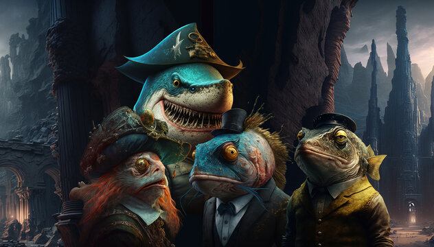 Lost city, pirats, shark, fish, digital art, Generative AI Art Illustration
