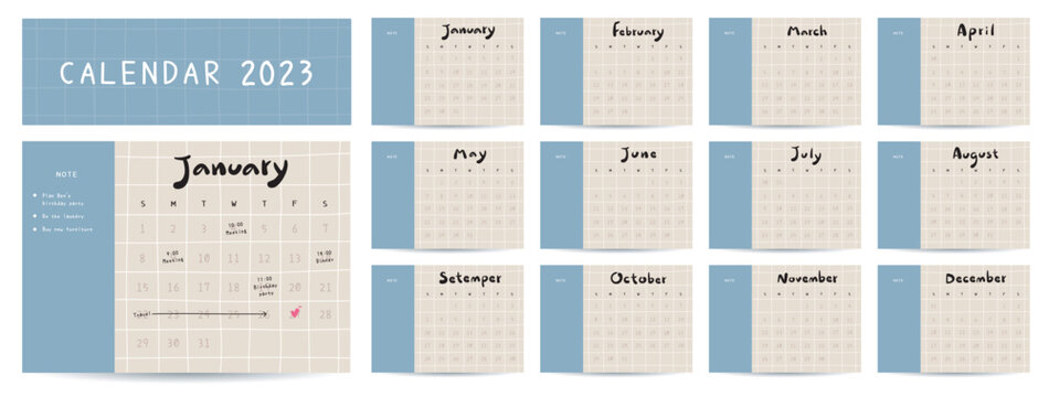 Calendar 2023. Yearly Planner with all Months.