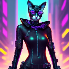 Cyberpunk Futuristic Cat Woman, Generative AI Illustration