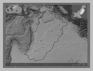 Punjab, Pakistan. Grayscale. Labelled points of cities