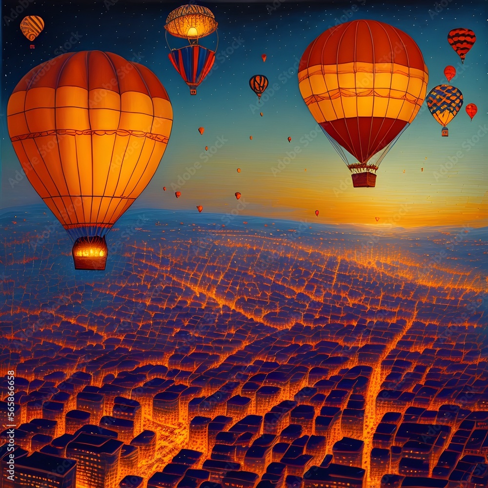 Wall mural hot air balloon floating over night city, generative ai illustration